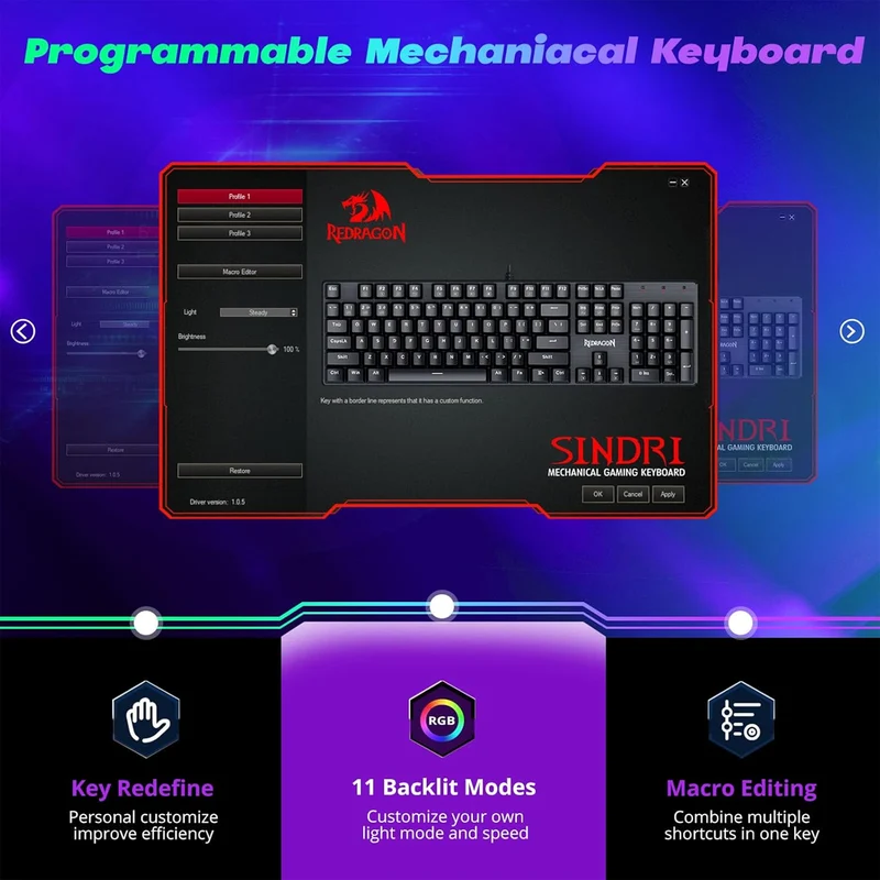 Redragon Sindri K671 RGB Hot-Swappable Full Sized Wired Mechanical Gaming Keyboard (Dust-Proof Red Switch) (Black)