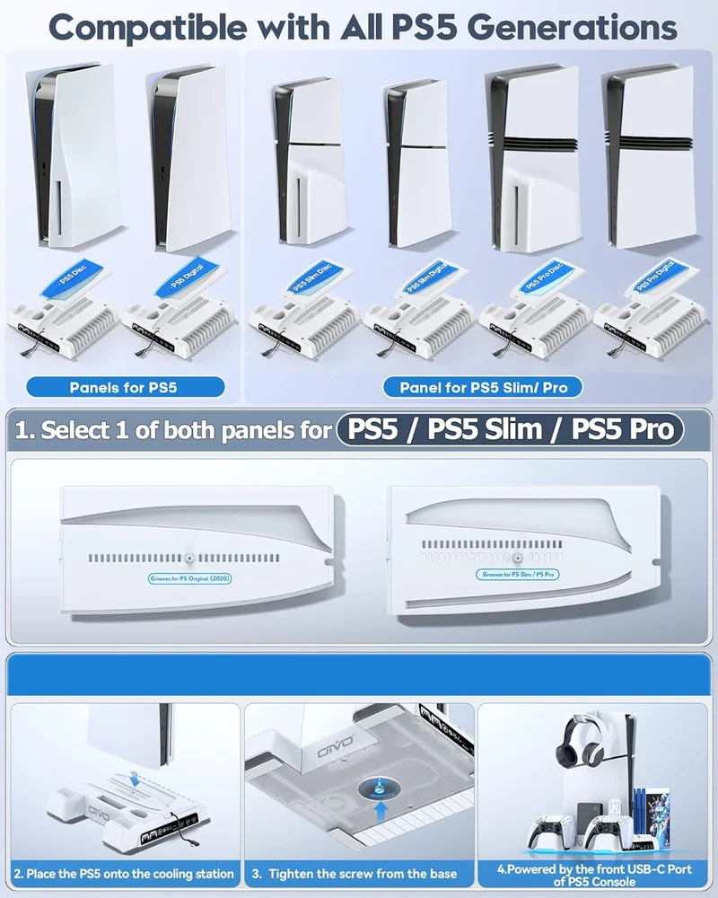 OIVO Cooling Stand with Dual Controller Charger for PS5 / PS5 Slim / PS5 Pro (White) (IV-P5329X-PRO)