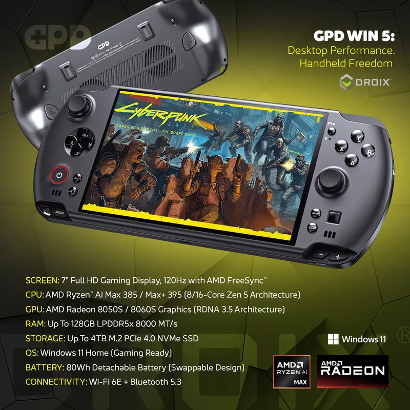 GPD Win 5 AMD Ryzen AI Max+ 395 7" (1920x1080) 120Hz Gaming Display 32GB RAM LPDDR5X-8000MT/S + 2TB SSD AMD Radeon 8060S (RDNA3.5) Windows 11 Handheld Gaming Console (Black) + GPD Win 5 Protection Case