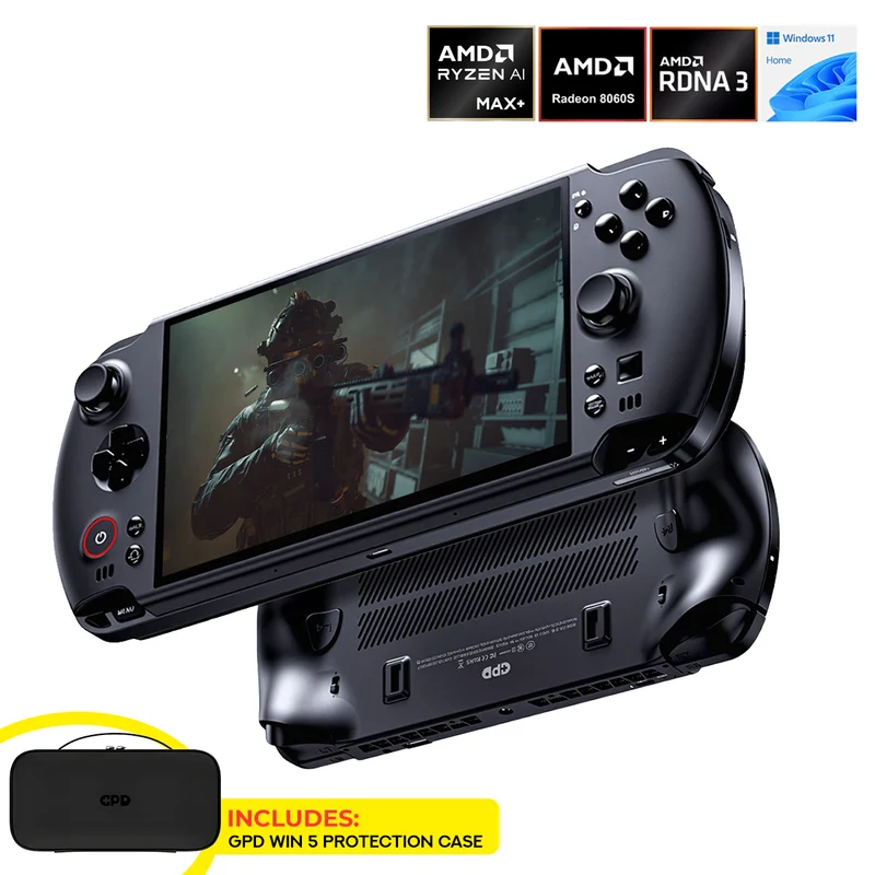 GPD Win 5 AMD Ryzen AI Max+ 395 7" (1920x1080) 120Hz Gaming Display 32GB RAM LPDDR5X-8000MT/S + 2TB SSD AMD Radeon 8060S (RDNA3.5) Windows 11 Handheld Gaming Console (Black) + GPD Win 5 Protection Case