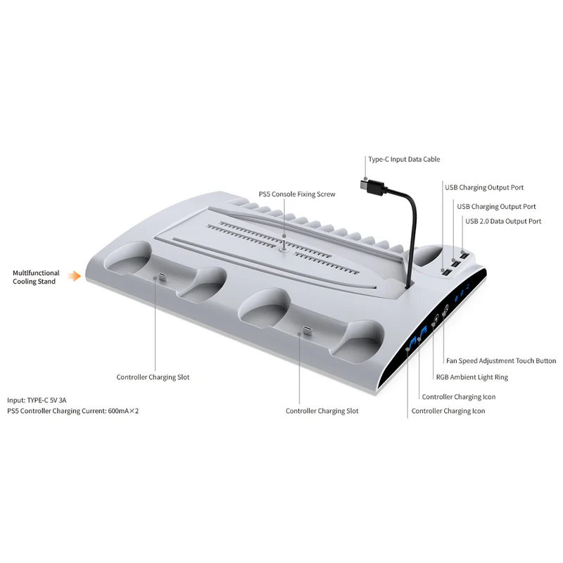 Dobe Multifunctional Cooling & Charging Stand For PS5 / PS5 Slim / PS5 Pro (White) TP5-3570D