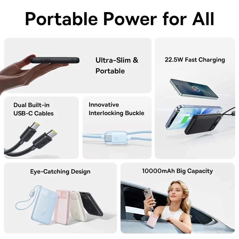 Baseus EnerFill FC11 Digital Display Power Bank with Dual Built-In USB-C Cables 10000mAh 22.5W (Cosmic Black, Beige, Galaxy Blue, Baby Pink)