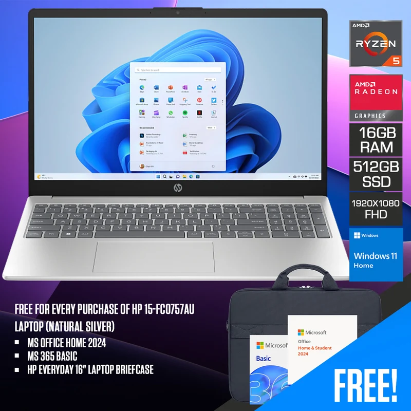 HP 15-fc0757AU Laptop (Natural Silver) | 15.6" FHD (1920x1080) IPS | Ryzen 5 7520U | 16GB RAM | 512GB SSD | AMD Radeon Graphics | Windows 11 Home | MS Office Home 2024 + MS 365 Basic + HP Everyday 16" Laptop Briefcase
