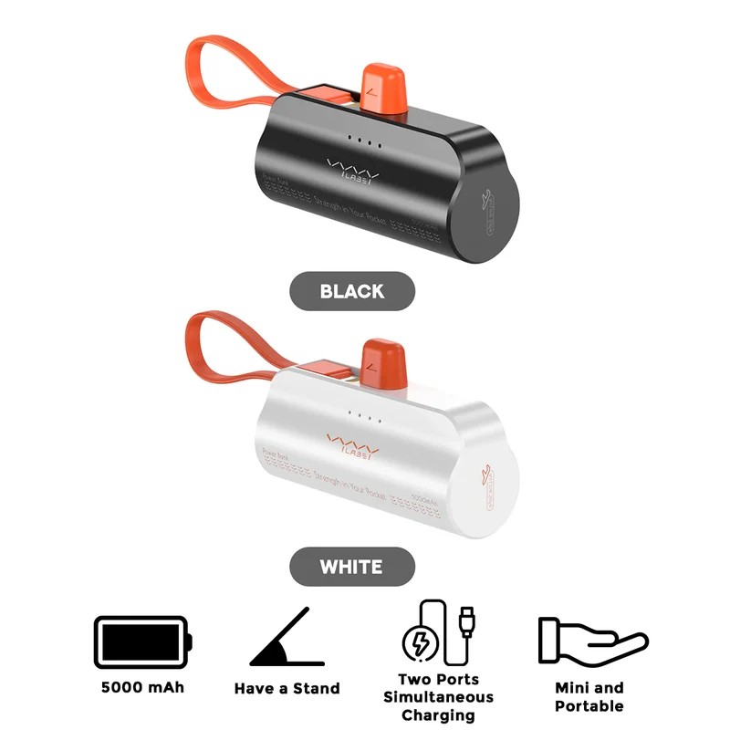 Vyvylabs Q12 Capsule Power Bank 5000mAh Type-C with iP Cable and Stand (Black, White) (VBQ12-BK, VBQ12-WH)