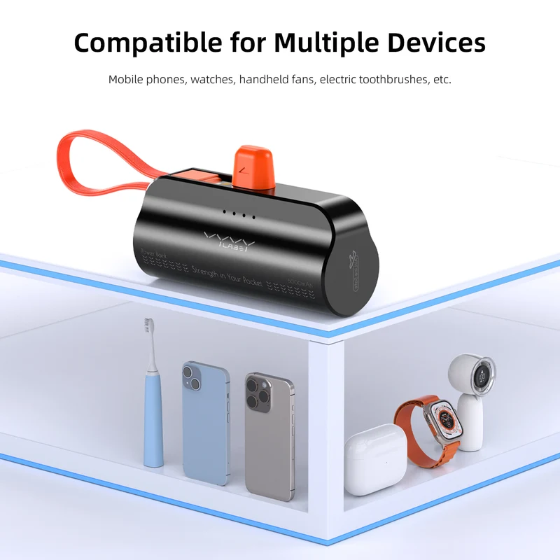 Vyvylabs Q12 Capsule Power Bank 5000mAh Type-C with iP Cable and Stand (Black, White) (VBQ12-BK, VBQ12-WH)
