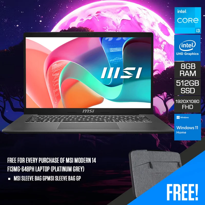 MSI Modern 14 F13MG-648PH Laptop (Platinum Grey) | 14" FHD (1920x1080) IPS | Core i3-1315U | 8GB RAM | 512GB SSD | Intel UHD Graphics | Windows 11 Home | MSI Sleeve Bag GP