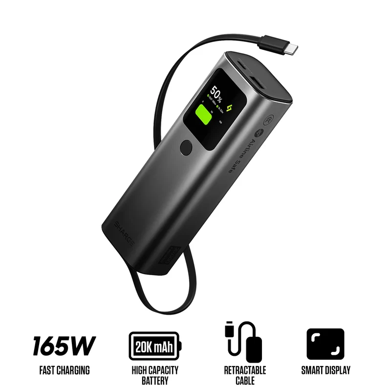 Sharge Retractable 165 Power Bank 20000mAh 165W with Built in cable (Black) (E4)