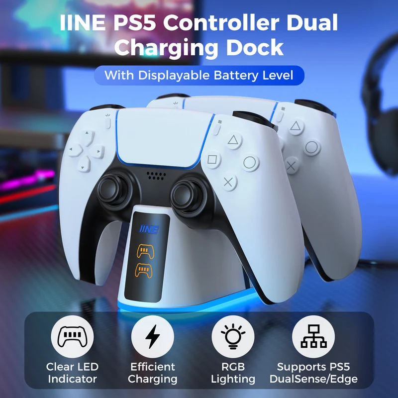 IINE Charging Dock for PS5 Controller w/ Power Level Indicator (White) (L1052)