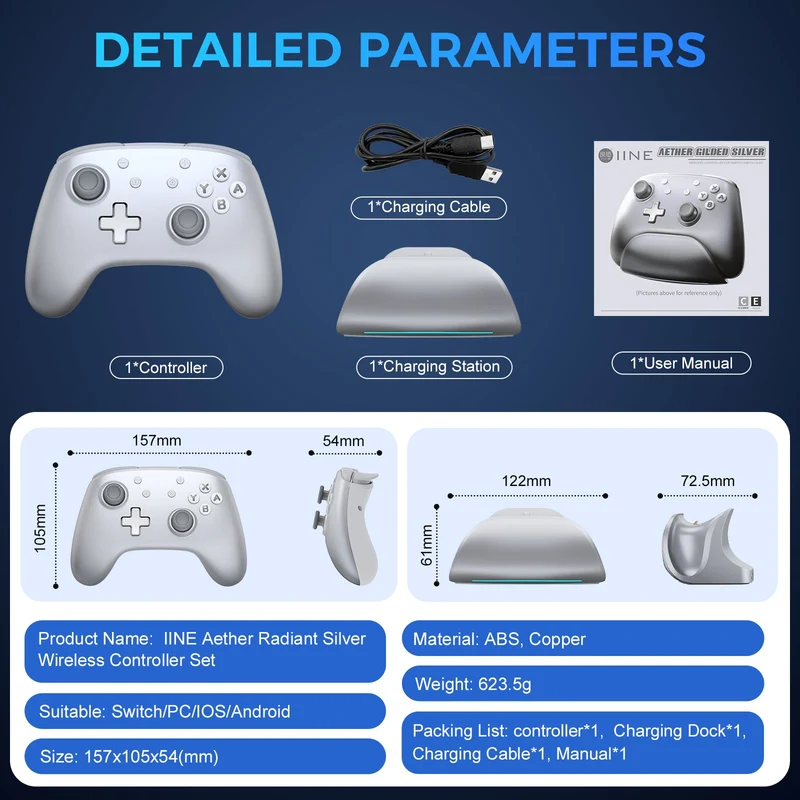 IINE Aether Radiant Silver Wireless Controller with Charging Dock for Nintendo Switch / Nintendo Switch OLED (L1018)
