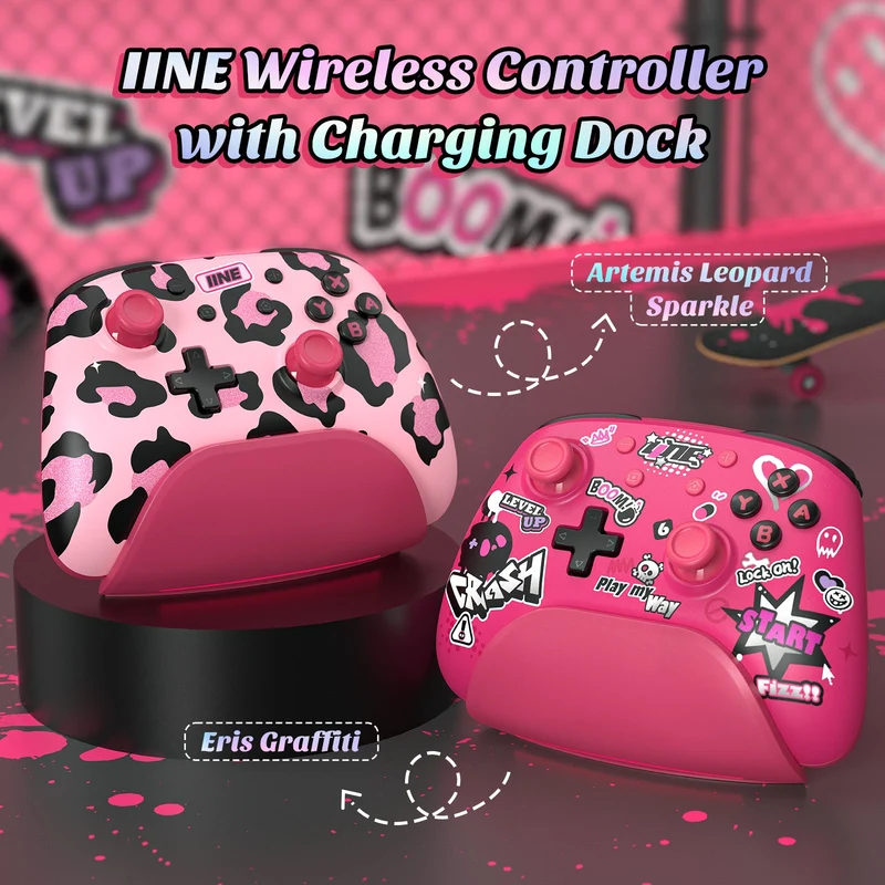 IINE Artemis Leopard Sparkle Wireless Controller with Charging Dock for Nintendo Switch (Pink) (L1021)