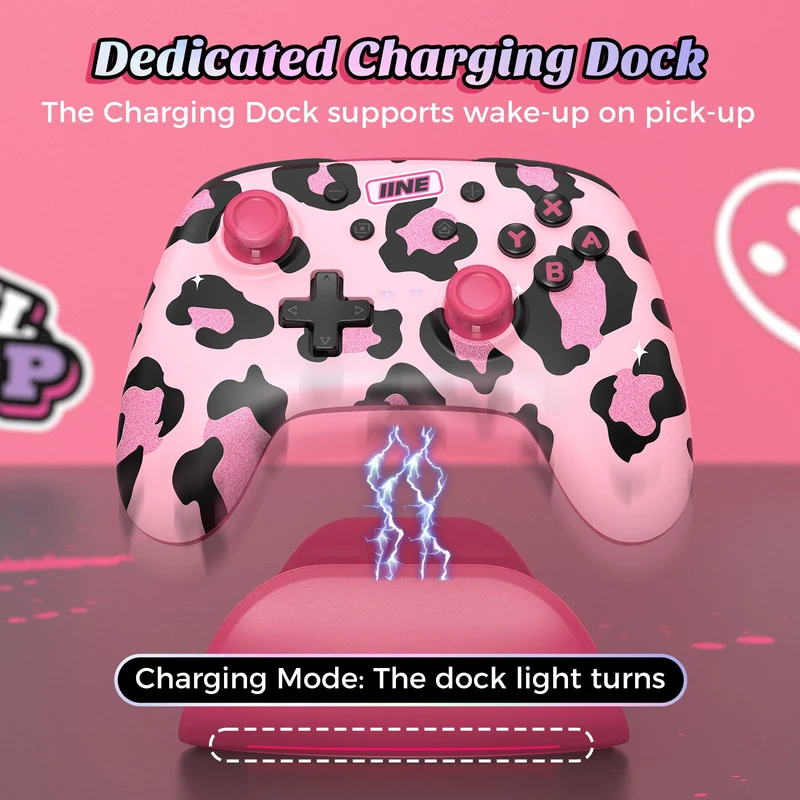 IINE Artemis Leopard Sparkle Wireless Controller with Charging Dock for Nintendo Switch (Pink) (L1021)