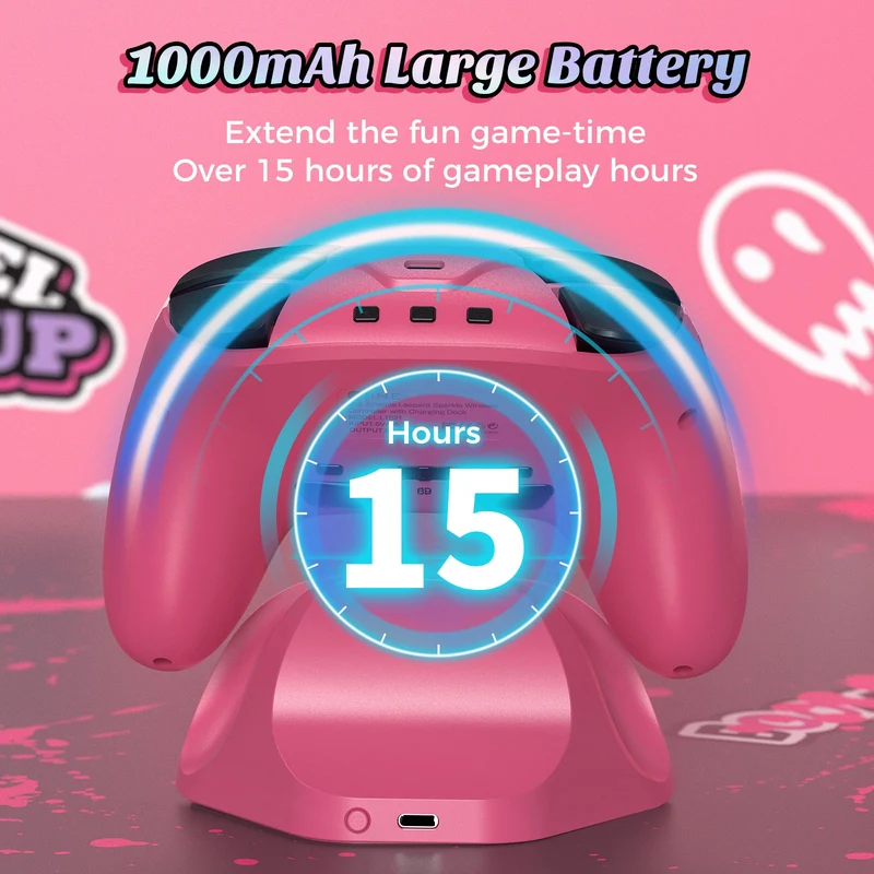 IINE Artemis Leopard Sparkle Wireless Controller with Charging Dock for Nintendo Switch (Pink) (L1021)
