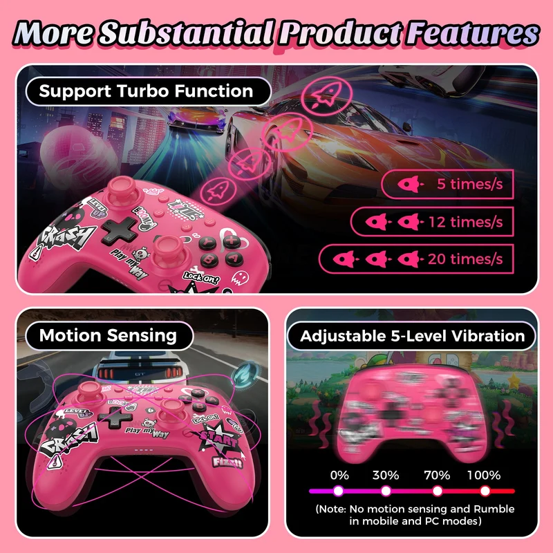 IINE Artemis Leopard Sparkle Wireless Controller with Charging Dock for Nintendo Switch (Pink) (L1021)