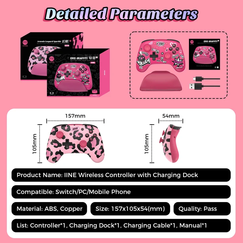 IINE Artemis Leopard Sparkle Wireless Controller with Charging Dock for Nintendo Switch (Pink) (L1021)