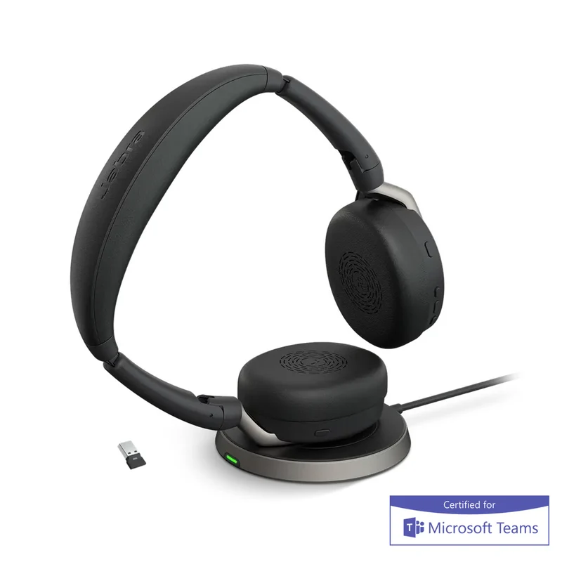 Jabra Evolve2 65 Link380/390A MS Stereo WLC ANC Wireless Foldable Headset w/ Charging Stand (Black)