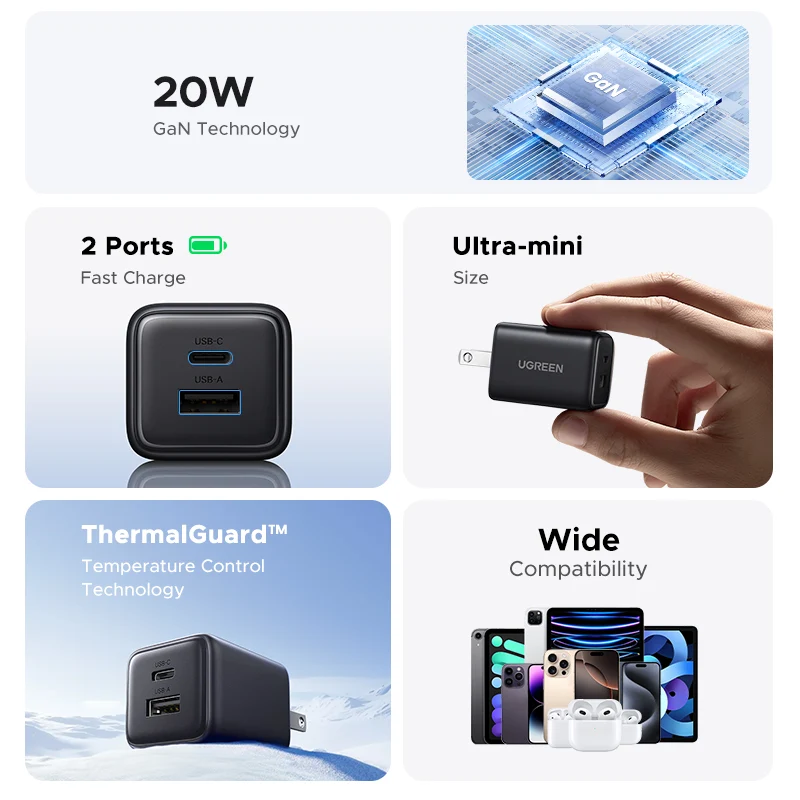 Ugreen 2-Port USB-A + USB-C 20W GaNInfinity Fast Charger (X514/55533)