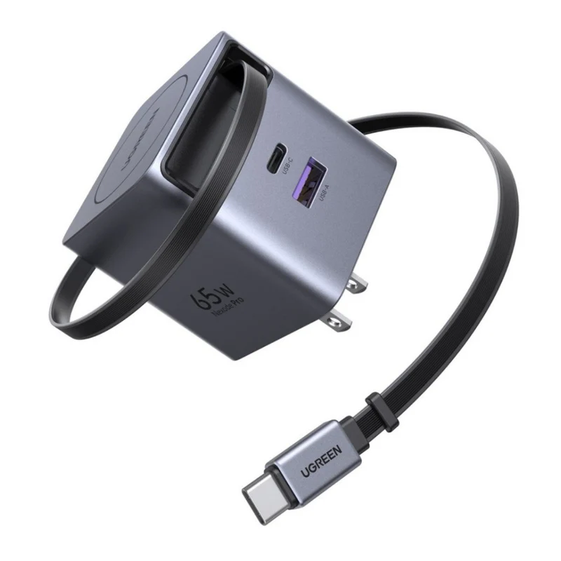 Ugreen Nexode Pro 65W 2xUSB-C + 1xUSB-A GaN Fast Charger with Retractable Cable (X615/65824)