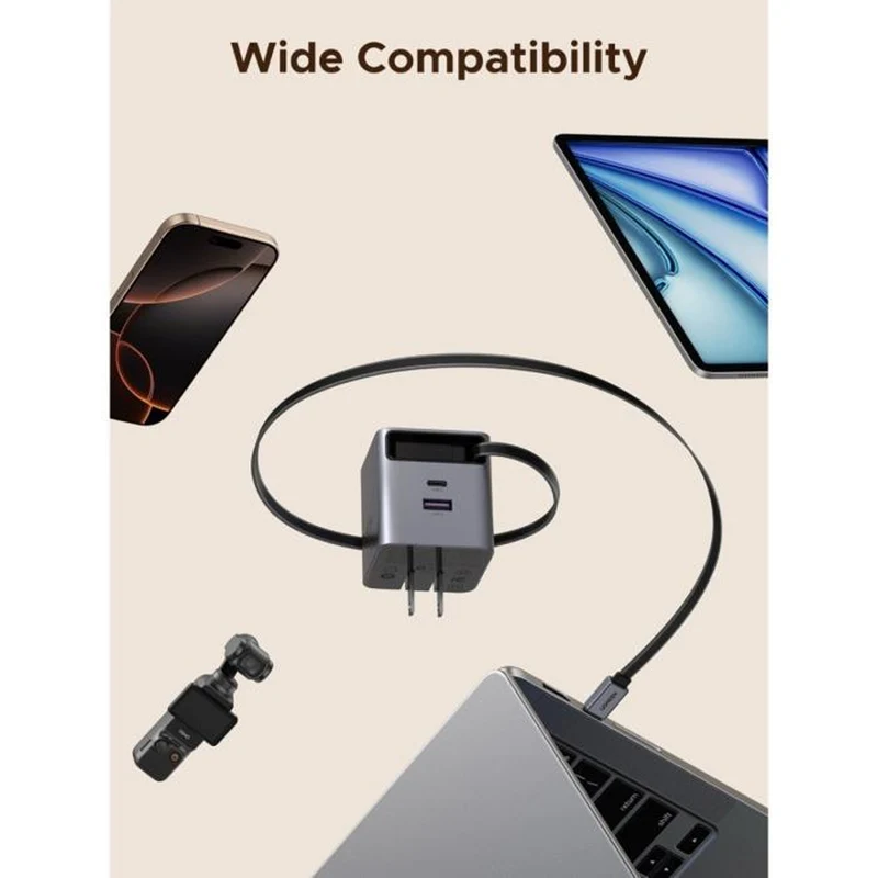Ugreen Nexode Pro 65W 2xUSB-C + 1xUSB-A GaN Fast Charger with Retractable Cable (X615/65824)