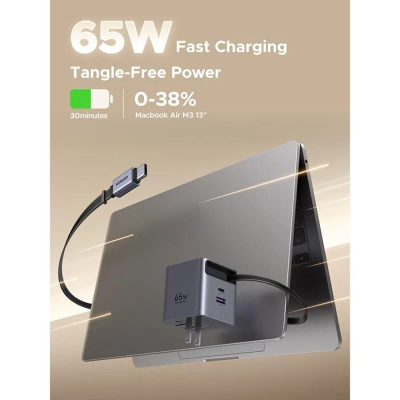 Ugreen Nexode Pro 65W 2xUSB-C + 1xUSB-A GaN Fast Charger with Retractable Cable (X615/65824)