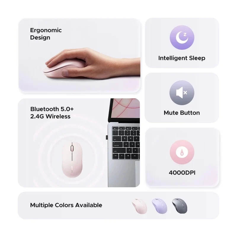 Ugreen Multi-Mode 4000DPI Wireless Mouse (Pink, Purple, Gray) (M331/65625, 65626, 65627)