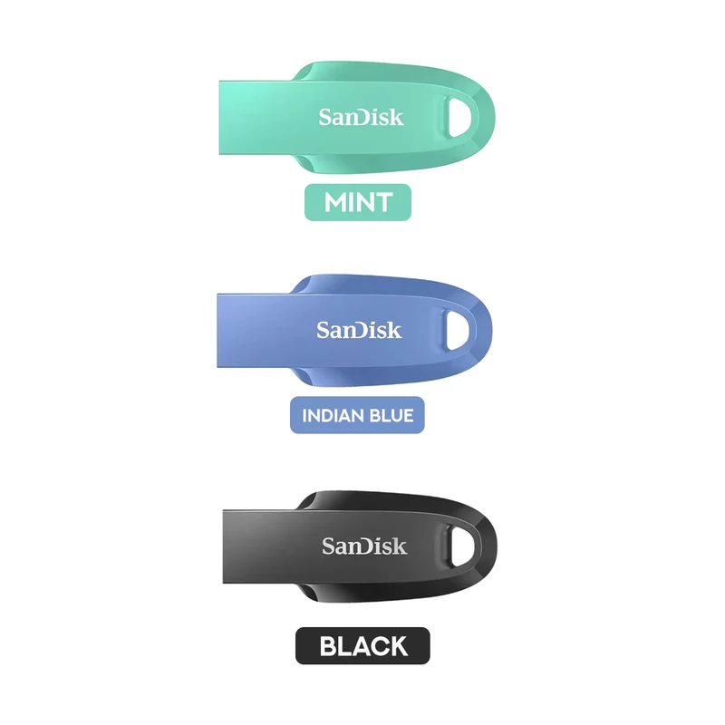 SanDisk Ultra Curve USB 3.2 Gen 1 Flash Drive - 32GB (Mint, Indian Blue, Black)