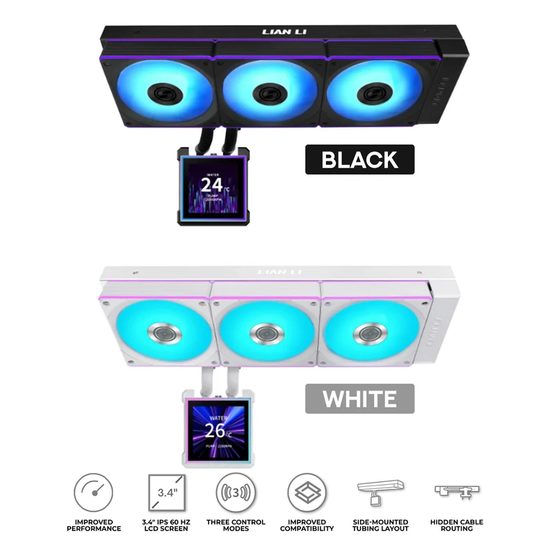 Lian Li HydroShift II LCD-S 360CL AIO Liquid Cooler With Wireless Fans (Black, White) (GHS2LCDS36CB, GHS2LCDS36CW)
