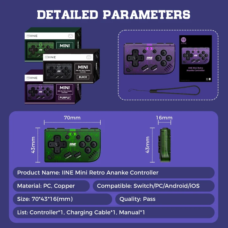 IINE Mini Retro Ananke Controller for Nintendo Switch / PC / Android / iOS (Black, Purple) (L1042, L1013)