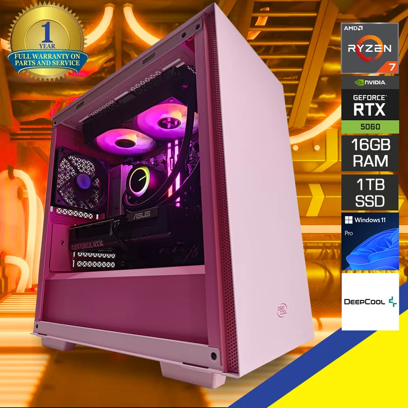 Aurora Macube Pink Desktop Gaming PC | AMD Ryzen 7 7700 | 16GB RAM | 1TB SSD | RTX 5060 OC | Windows 11 Pro