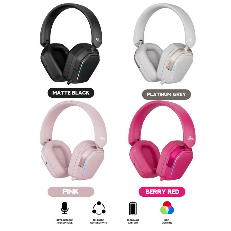 Royal Kludge RK HG101 RGB Tri-Mode Gaming Headphone (Matte Black, Platinum Grey, Berry Red, Pink)