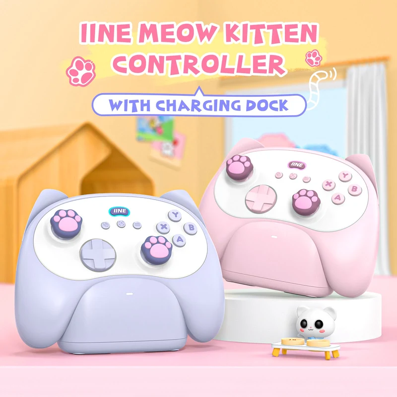 IINE Meow Kitten Controller with Tail Charging Dock for PC / Nintendo Switch (Blue, Pink) (L1049, L1050)