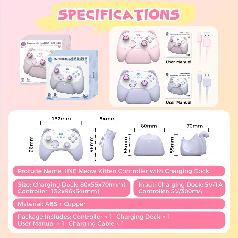 IINE Meow Kitten Controller with Tail Charging Dock for PC / Nintendo Switch (Blue, Pink) (L1049, L1050)
