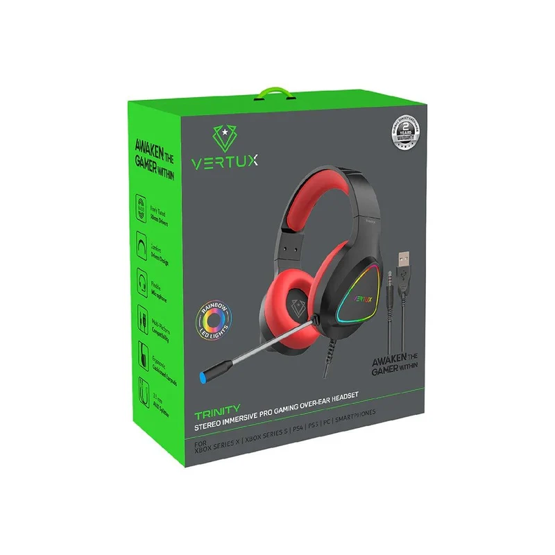 VERTUX TRINITY STEREO IMMERSIVE PRO GAMING OVER-EAR WIRED HEADPHONE (RED)