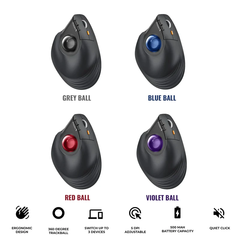 ProtoArc EM05 NL Ergonomic Vertical Wireless Trackball Mouse (Black + Blue Ball, Black + Grey Ball, Black + Red Ball, Black + Violet Ball)