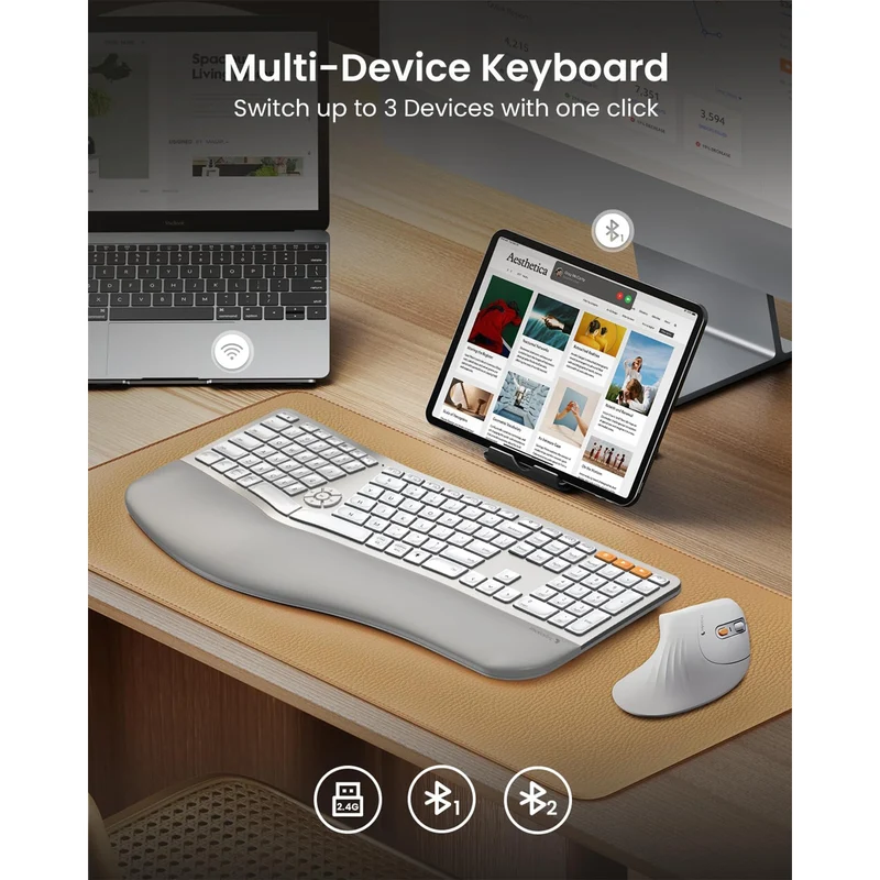ProtoArc EK01 Plus Dual Mode Full Size Backlit Ergonomic Split Keyboard (White/Silver) (CP015756)