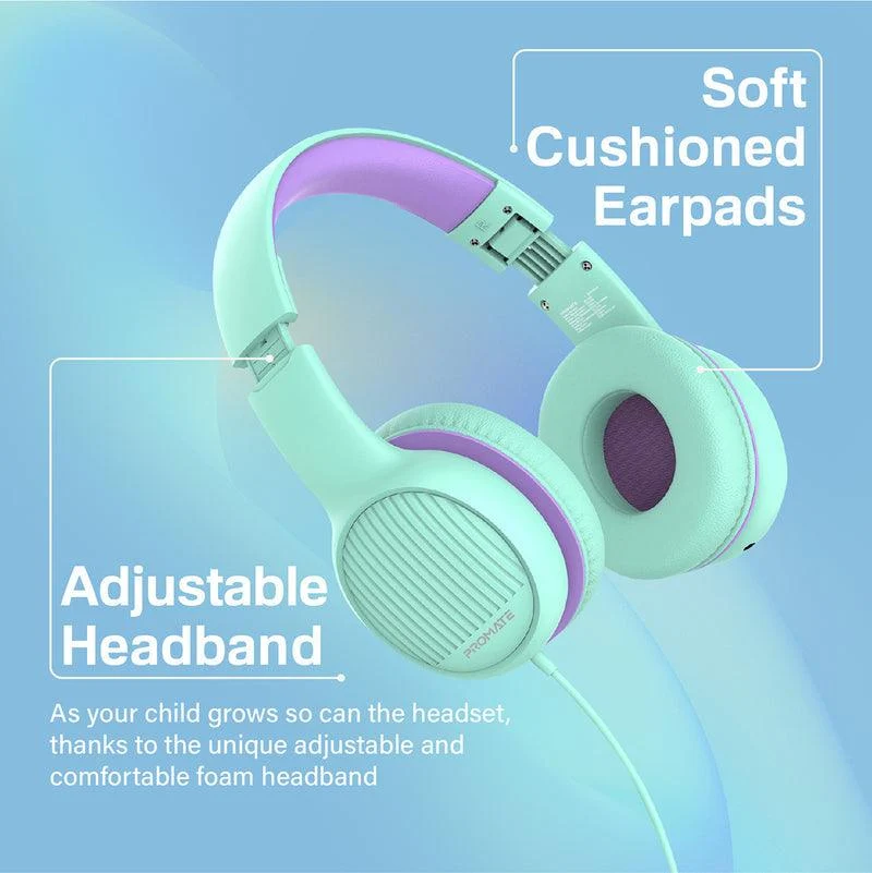 PROMATE Simba Over-Ear Hi-Definition Safe Audio Wired Headset (Emerald)