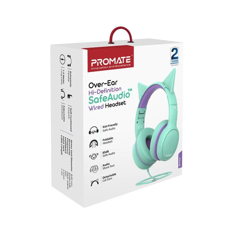 PROMATE Simba Over-Ear Hi-Definition Safe Audio Wired Headset (Emerald)