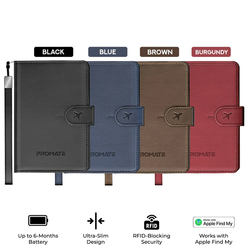Promate PassMate Anti-Loss Slim Leather Passport Holder with RFID Protection & Smart Tracking (Black, Blue, Brown, Burgundy)