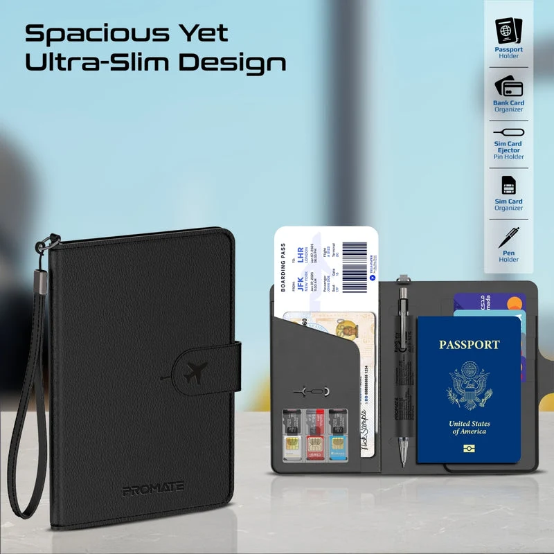 Promate PassMate Anti-Loss Slim Leather Passport Holder with RFID Protection & Smart Tracking (Black, Blue, Brown, Burgundy)