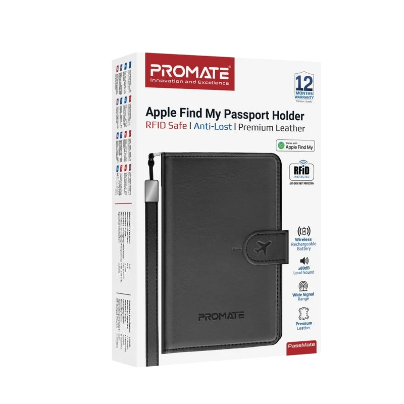 Promate PassMate Anti-Loss Slim Leather Passport Holder with RFID Protection & Smart Tracking (Black, Blue, Brown, Burgundy)