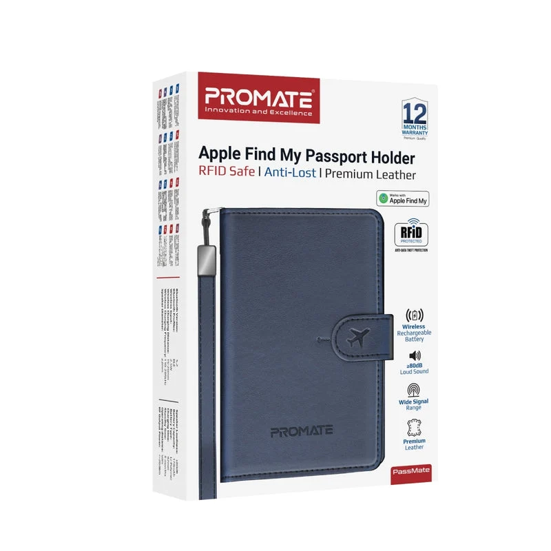 Promate PassMate Anti-Loss Slim Leather Passport Holder with RFID Protection & Smart Tracking (Black, Blue, Brown, Burgundy)