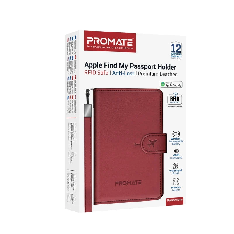 Promate PassMate Anti-Loss Slim Leather Passport Holder with RFID Protection & Smart Tracking (Black, Blue, Brown, Burgundy)