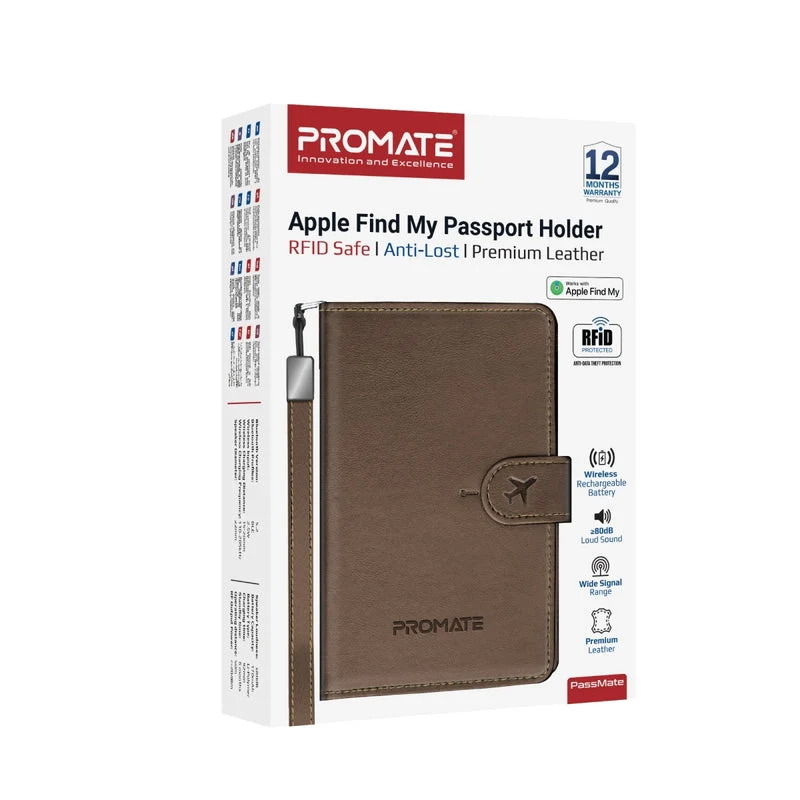Promate PassMate Anti-Loss Slim Leather Passport Holder with RFID Protection & Smart Tracking (Black, Blue, Brown, Burgundy)