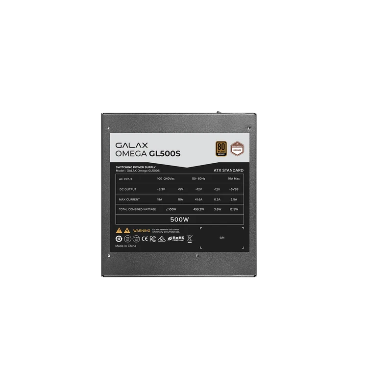 Galax Omega GL500S 500W 80+ Bronze & Cybenetics Bronze ATX 2.51 Non-Modular Power Supply (PGO50BOTNATB0)