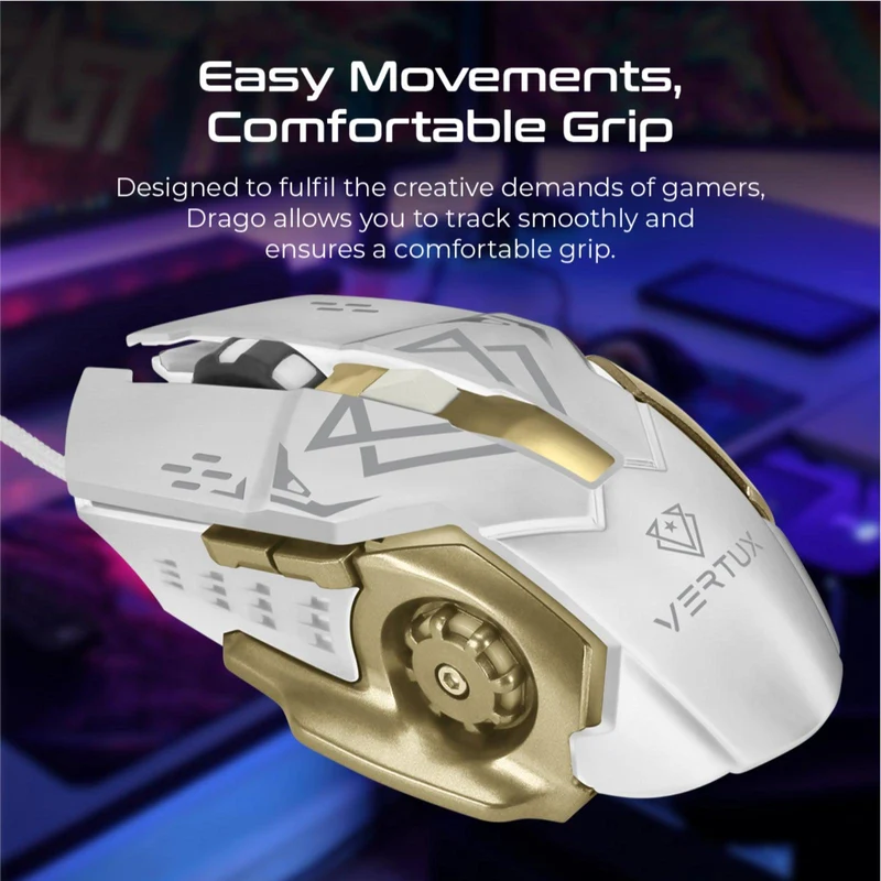 Vertux Drago Precision Tracking Ergonomic Gaming Mouse White Grey