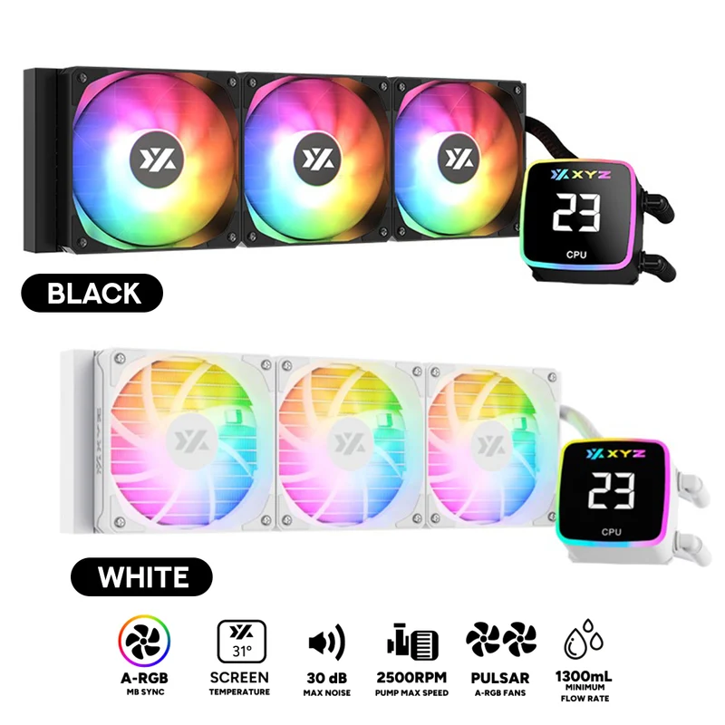 XYZ AquaPulse AIO 360 ARGB Liquid Cooler with Temperature Display (Black, White)