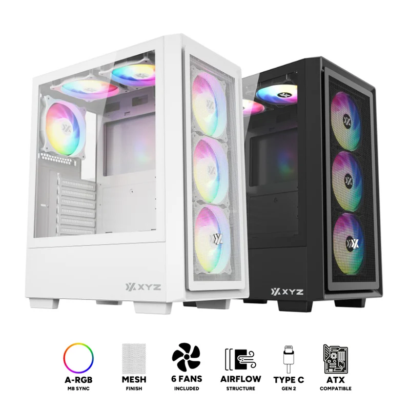 XYZ Airone 100 X Mesh ATX PC Case with 6 Pre-installed 120mm ARGB Fans (Black, White)