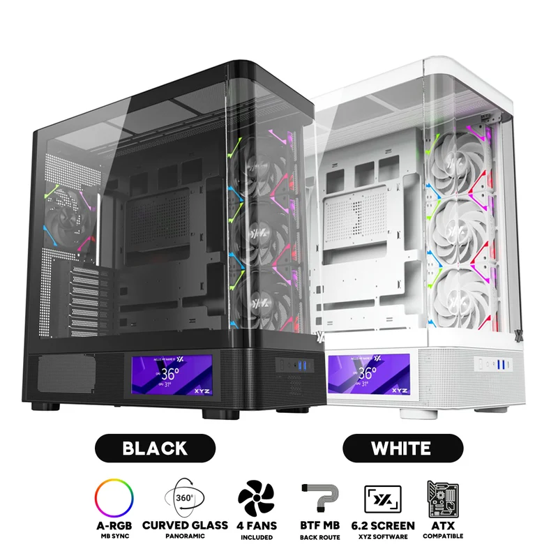 XYZ Quantum Pro ATX Curved Glass Panoramic PC Case with 4 Pre-Installed 120mm/140mm Vortex ARGB Fans & 6.2" (960x360) Smart Display Screen (Black, White)