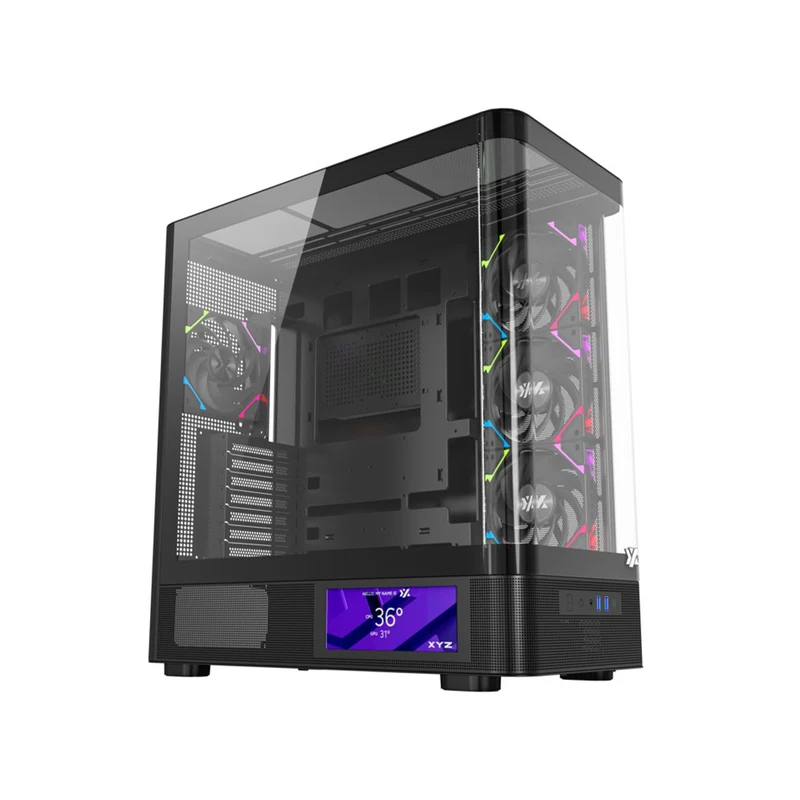 XYZ Quantum Pro ATX Curved Glass Panoramic PC Case with 4 Pre-Installed 120mm/140mm Vortex ARGB Fans & 6.2" (960x360) Smart Display Screen (Black, White)