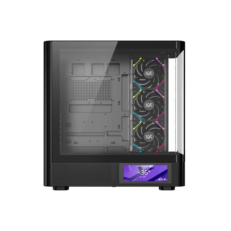 XYZ Quantum Pro ATX Curved Glass Panoramic PC Case with 4 Pre-Installed 120mm/140mm Vortex ARGB Fans & 6.2" (960x360) Smart Display Screen (Black, White)
