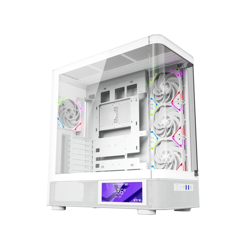 XYZ Quantum Pro ATX Curved Glass Panoramic PC Case with 4 Pre-Installed 120mm/140mm Vortex ARGB Fans & 6.2" (960x360) Smart Display Screen (Black, White)